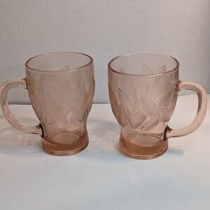 2 KIG Indonesia Clear Pink  Embossed Leaves Handled Drinking Cups